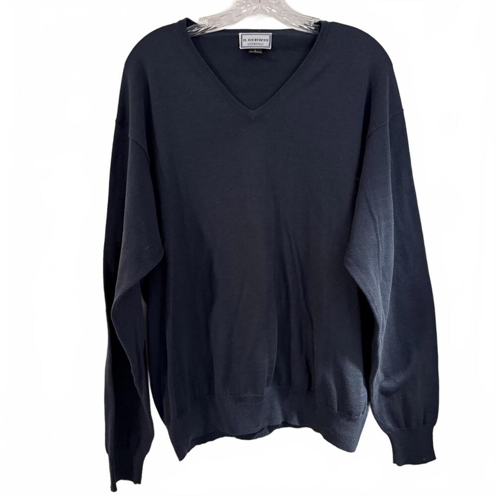 R DERWIN Litchfield (CT) Luxury V Neck Blue Sweater Mens SZ L Mercerized Cotton